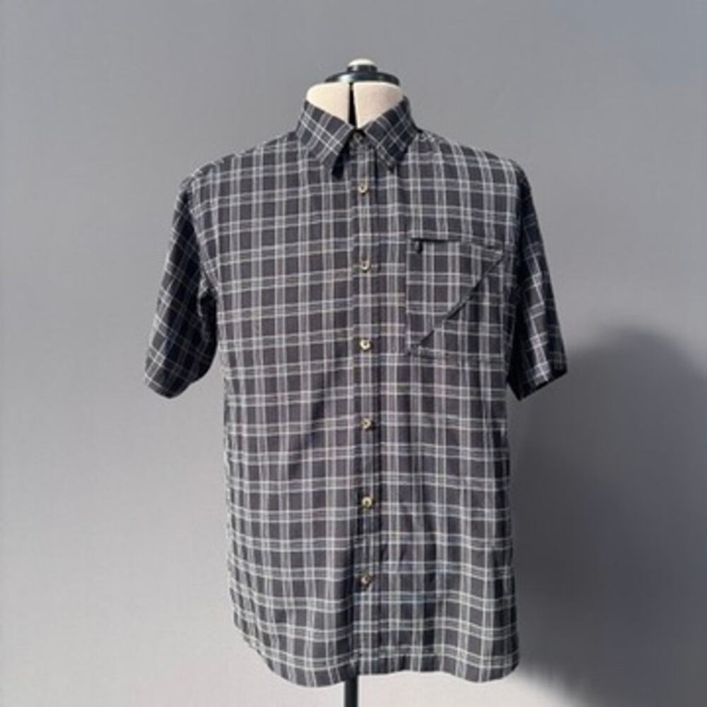 Hi-Tec Mens Large Short Sleeve Button Front Black Gray Plaid Shirt Large